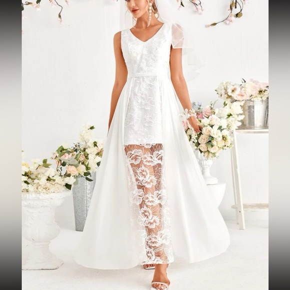 shein white embroidered dress White V Neck Gauze Embroidered Dress -SheIn(Sheinside)
